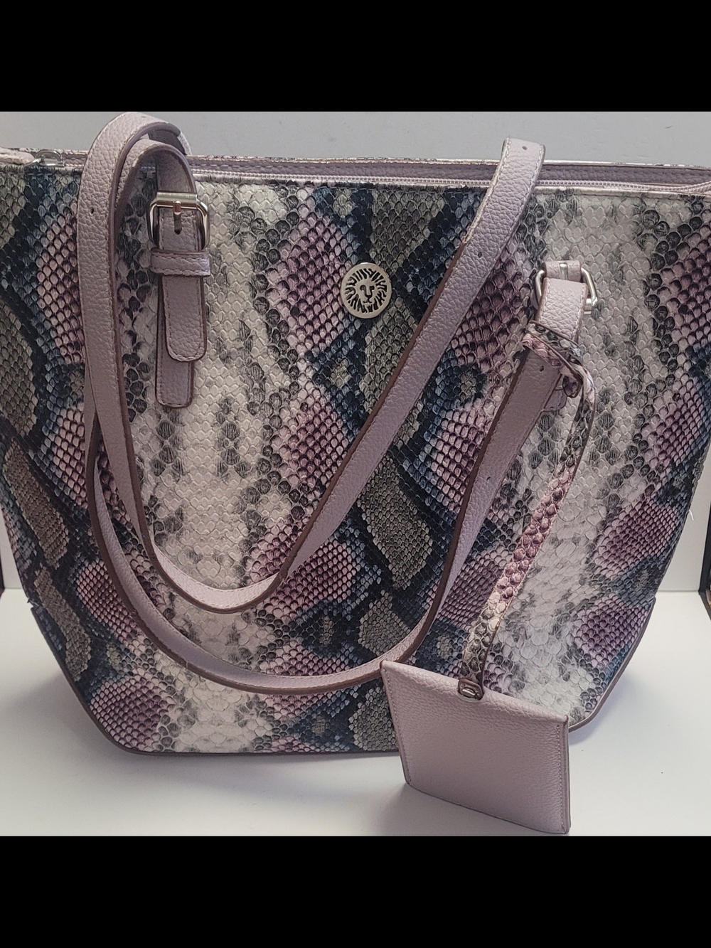Anne Klein Snake-Print Lavender Tote Bag with Matching ID Pouch